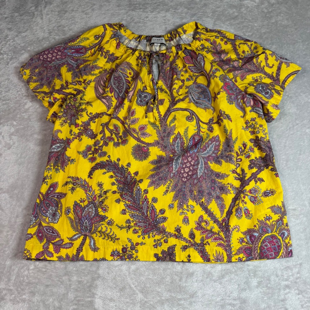 J.Crew Collection Womens Yellow Paisley Cotton Split Neck Tie Top Size S Boho
